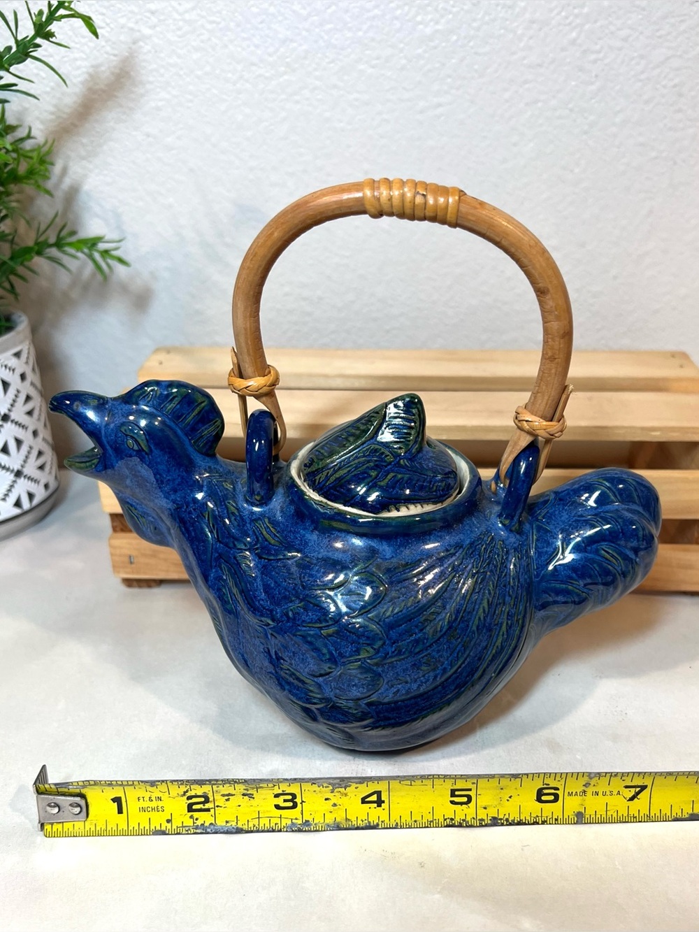 Ceramic Chicken Form Teapot | Cobalt Blue Ceramic w Bamboo Handle | Indonesia - Picture 10 of 11
